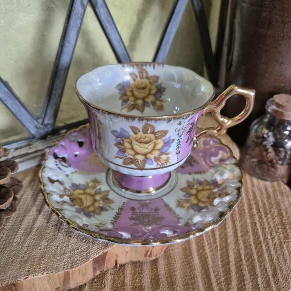 SHAFFORD Vintage Porcelain Cup & Saucer - Iridescent Pink, Gold & Yellow - Picture 1 of 7